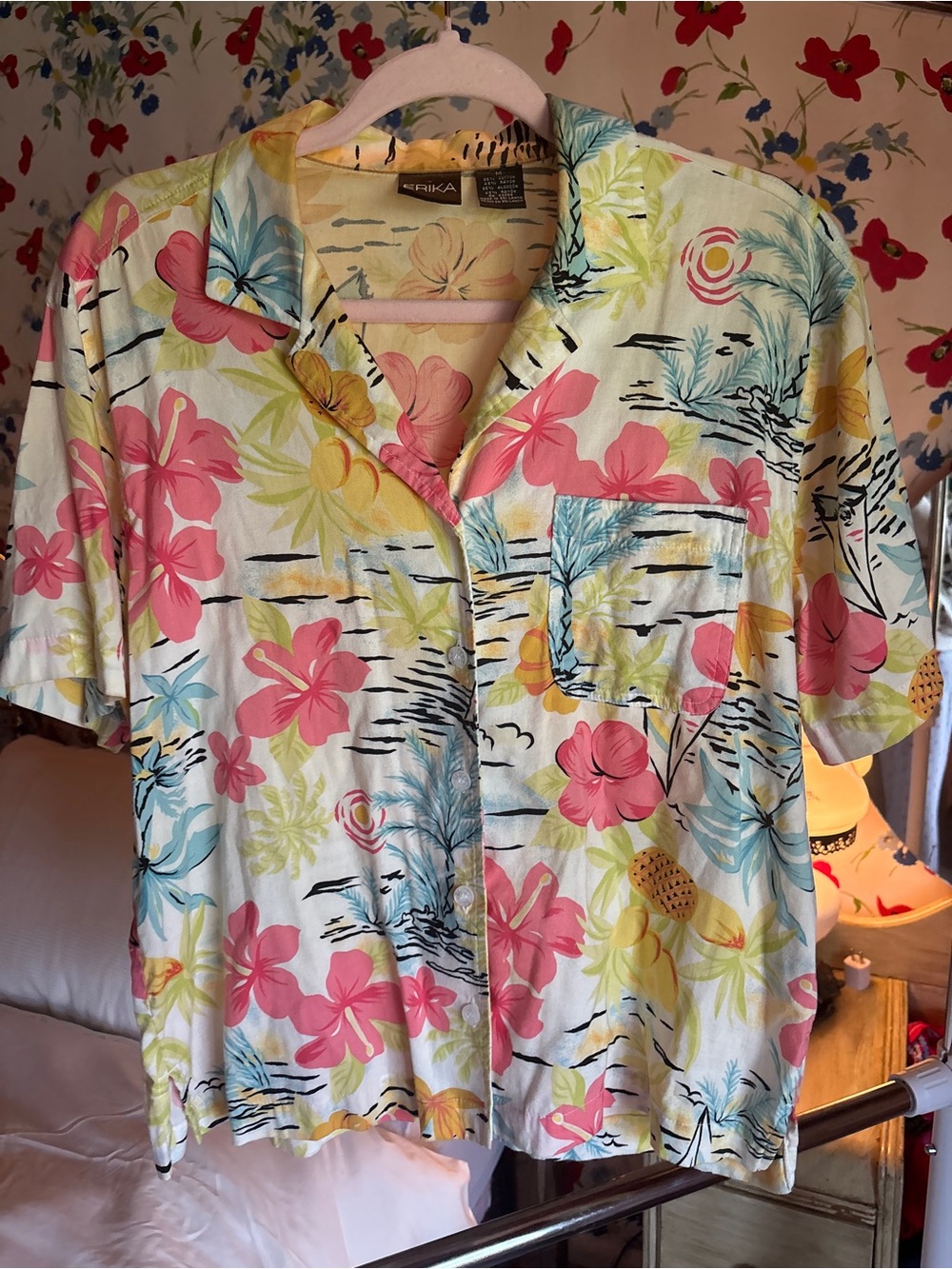 vintage erika tropical hawaiian shirt medium hibiscus surf resortcore y2k